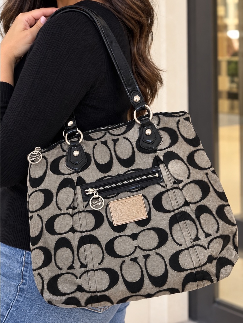 Coach Poppy Signature Lurex Glam Tote in a black and silver/grey canvas